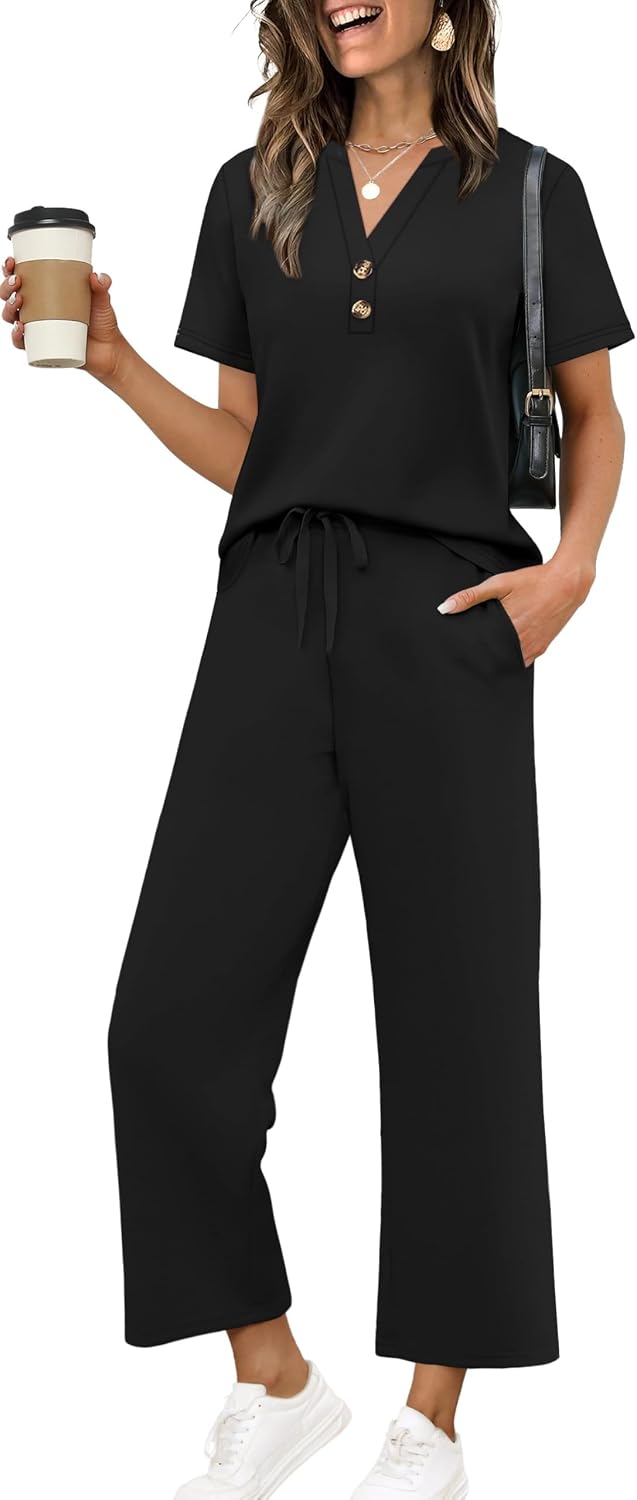 OFEEFAN 2 Piece Sets for Women Spring Fashion Beach Vacation Cruise Outfit Dressy Casual Wide Leg Crop Pants Resort Wear