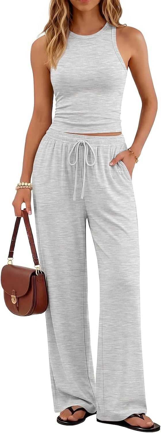 Trendy Queen Women’s Summer 2 Piece Lounge Set Tank Top Wide Leg Pants Pockets 2026