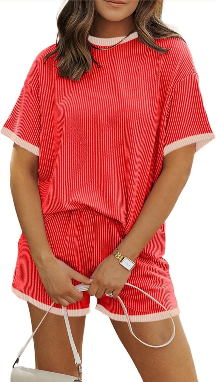 MARZXIN Women 2 Piece Shorts Set 2026 Casual Summer Cruise Outfits Ribbed Loose Short Sleeve Pocket Matching Lounge Sets