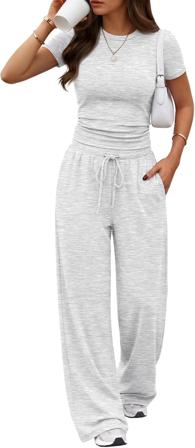 Trendy Queen 2 Piece Matching Summer Lounge Set Womens Side Ruching Top Wide Leg Pants Sets with Pockets