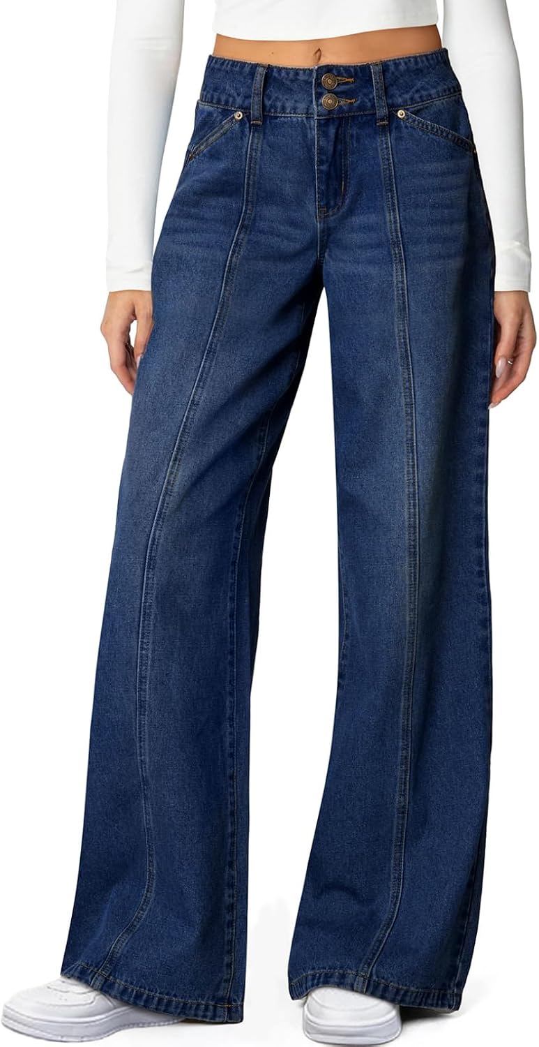 Sidefeel Women’s Wide Leg Jeans High Waisted Stretchy Straight Leg Jeans Trendy Seamed Front Loose Denim Pants