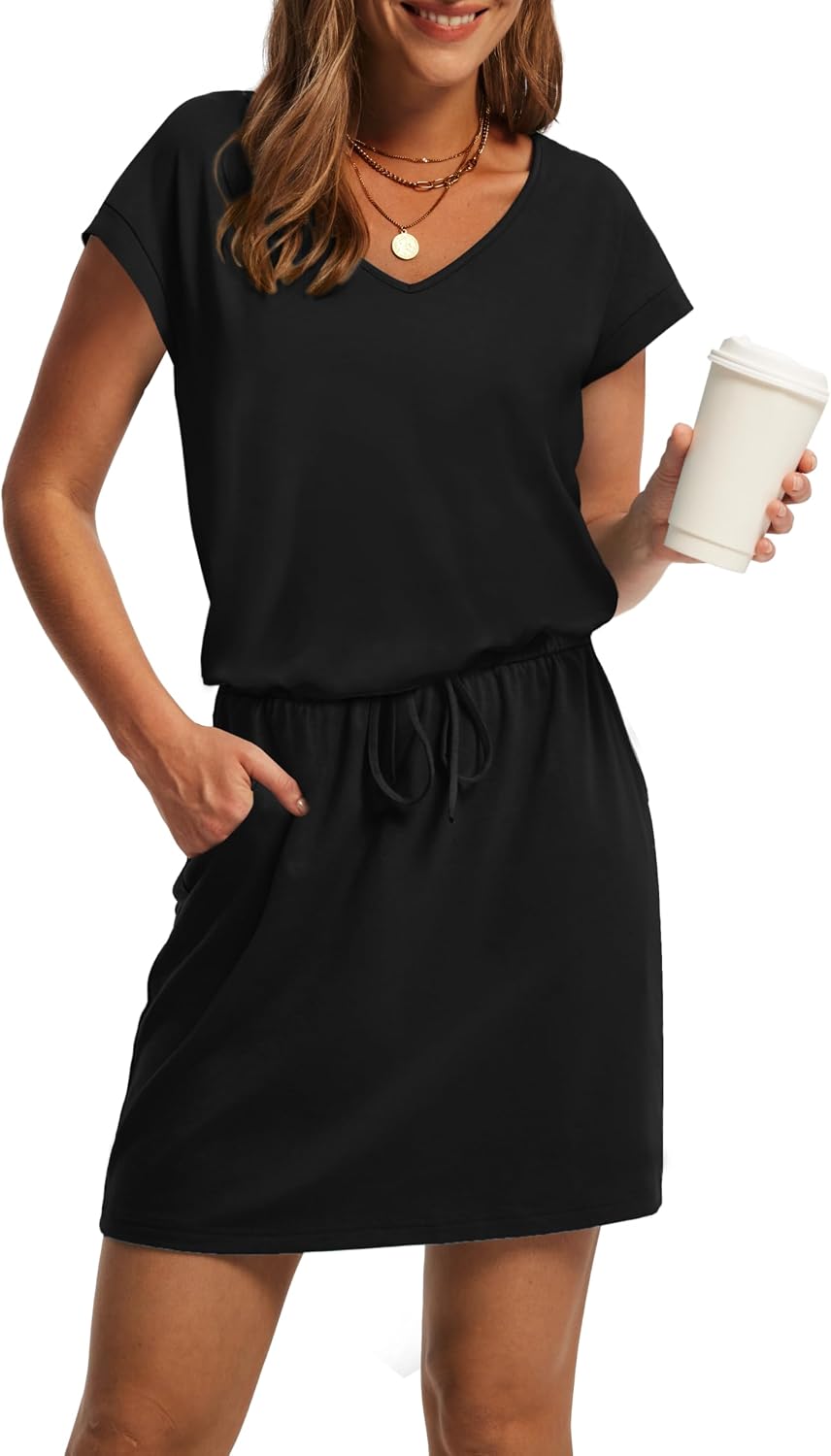 OFEEFAN Summer Dresses for Women 2026 V Neck T Shirt Casual Mini Dresses Tie Waist Sundresses with Pockets