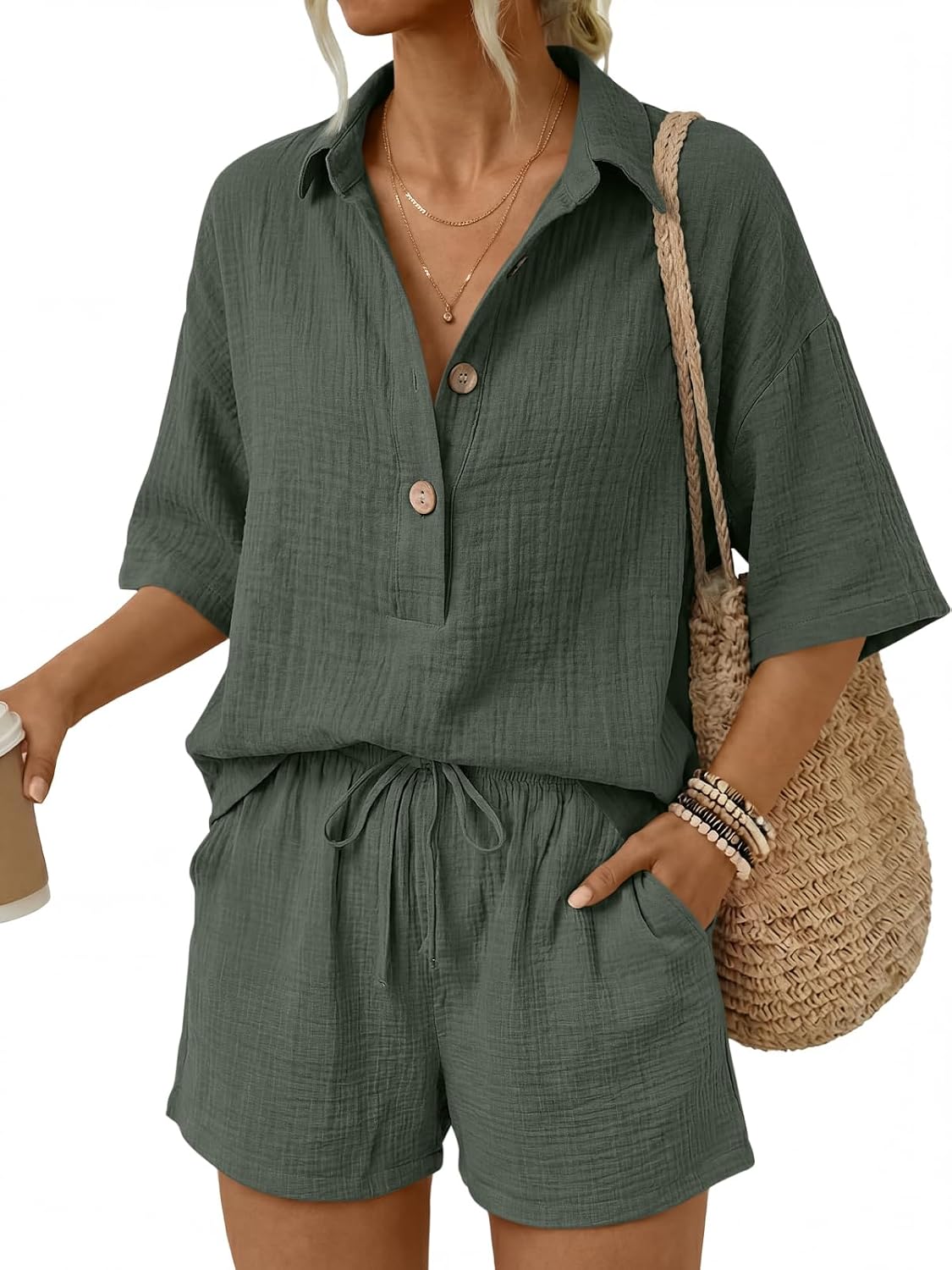 LILLUSORY Women 2 Piece Linen Short Sets 2026 Summer Vacation V Neck Short Sleeve Beach Outfits Oversized Button Cotton Pjs