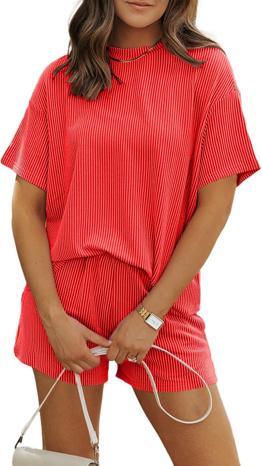 MARZXIN Women 2 Piece Shorts Set 2026 Casual Summer Cruise Outfits Ribbed Loose Short Sleeve Pocket Matching Lounge Sets