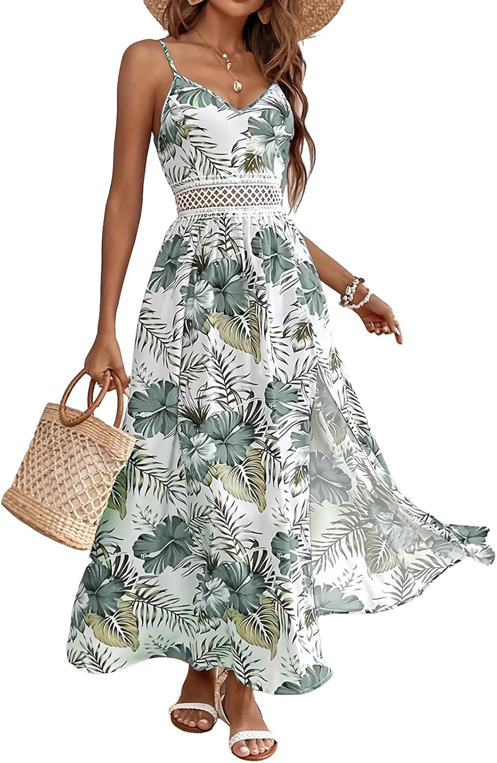 Women’s Hawaiian Maxi Dresses Summer Floral Boho Sleeveless V-Neck Flowy Beach Vacation Dresses Spaghetti Straps