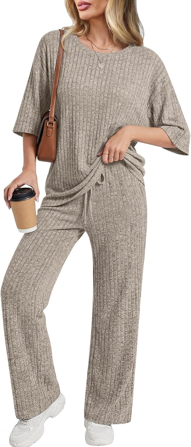 Addtoo Womens Lounge Sets 2026 Short Sleeve 2 Piece Sets Ribbed Knit Pajamas with Pockets