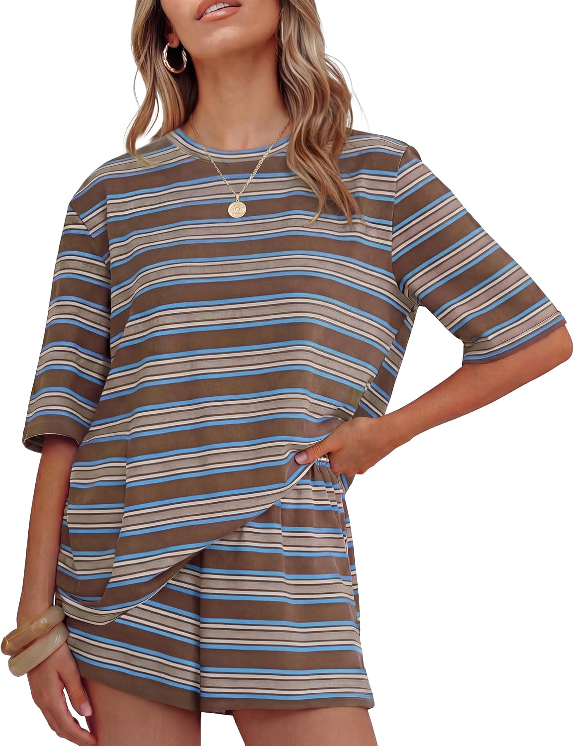 ZESICA Womens Summer 2 Piece Short Sets Striped Loose Fit Matching Lounge Airport Travel Workout Beach Vacation Outfits