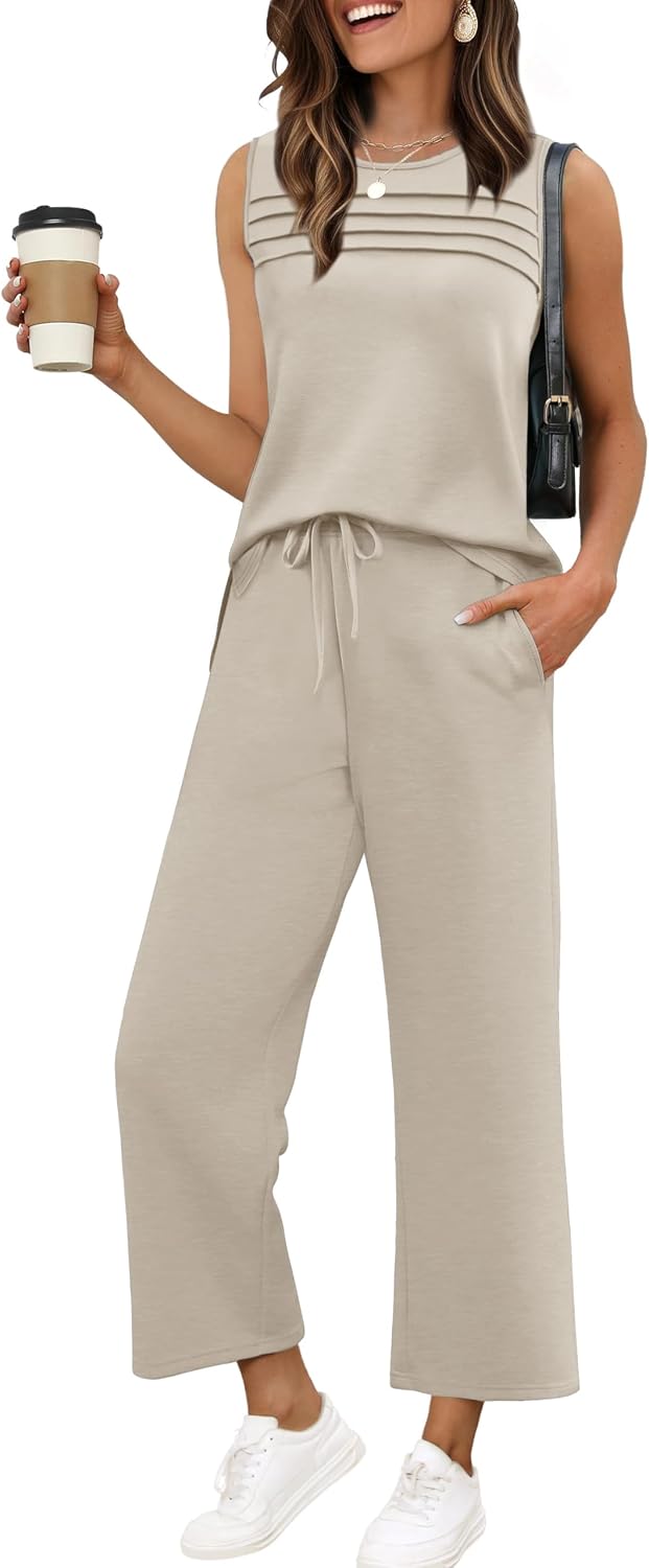 WIHOLL Two Piece Sets for Women Summer Outfits Matching Lounge Sets Wide Leg Crop Pants Vacation Travel
