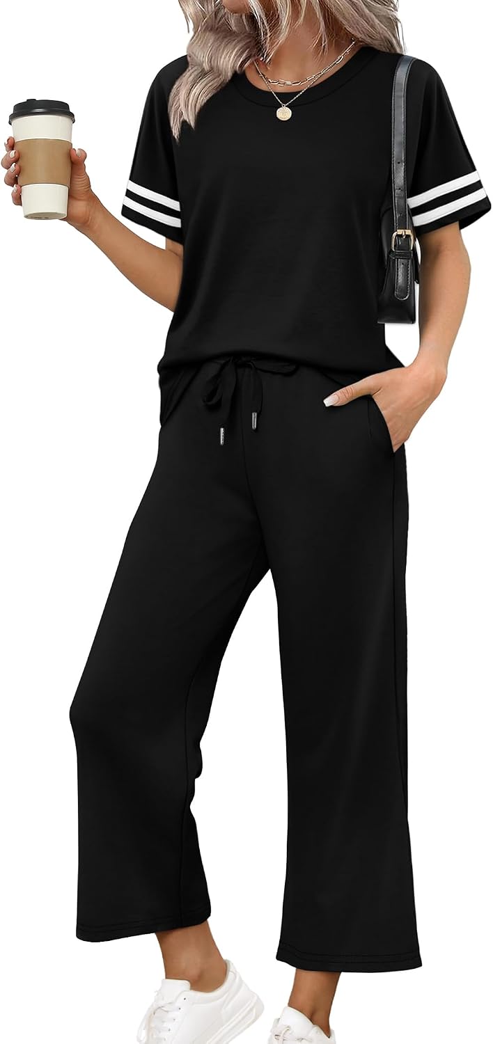 WIHOLL Two Piece Sets for Women Summer Outfits Lounge Sets Short Sleeve Tops Wide Leg Pants Vacation Travel Outfits