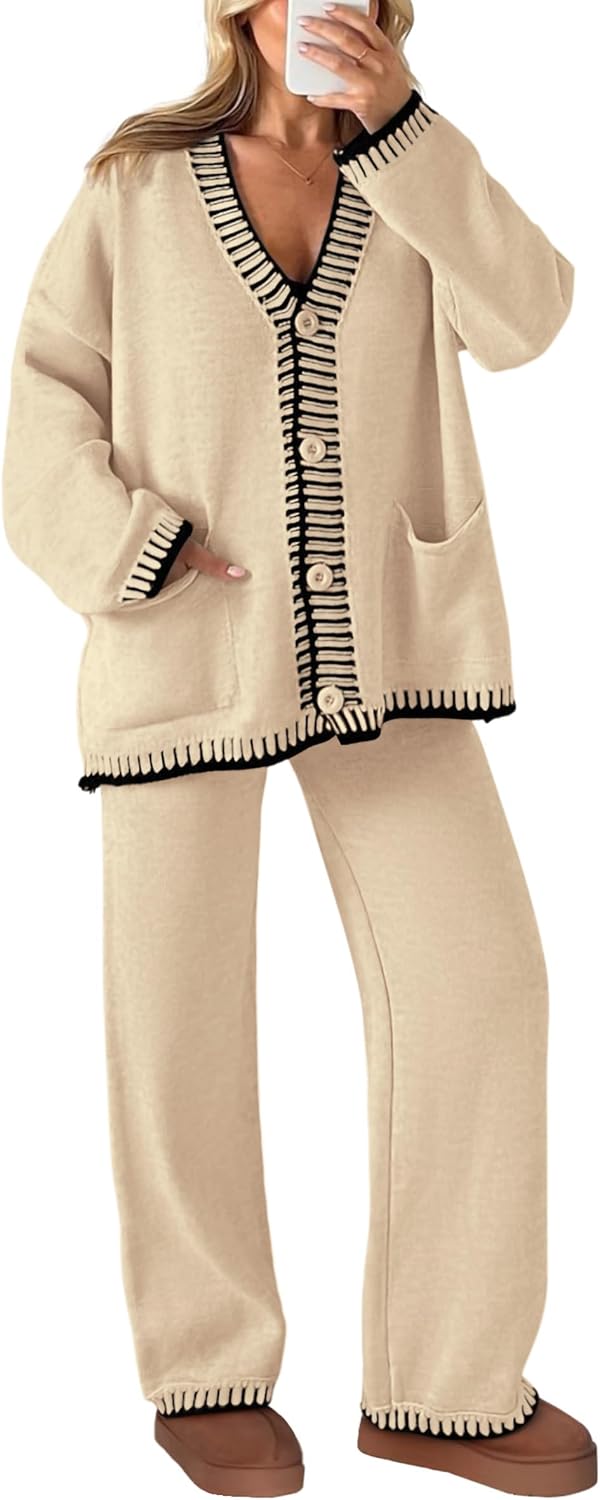 PRETTYGARDEN Women’s Fall 2 Piece Knit Sweater Lounge Set | V Neck Button Down Cardigan, Wide Leg Pants, Comfy Winter Clothes, Cozy Matching Outfit for Home, Postpartum, Casual Outing