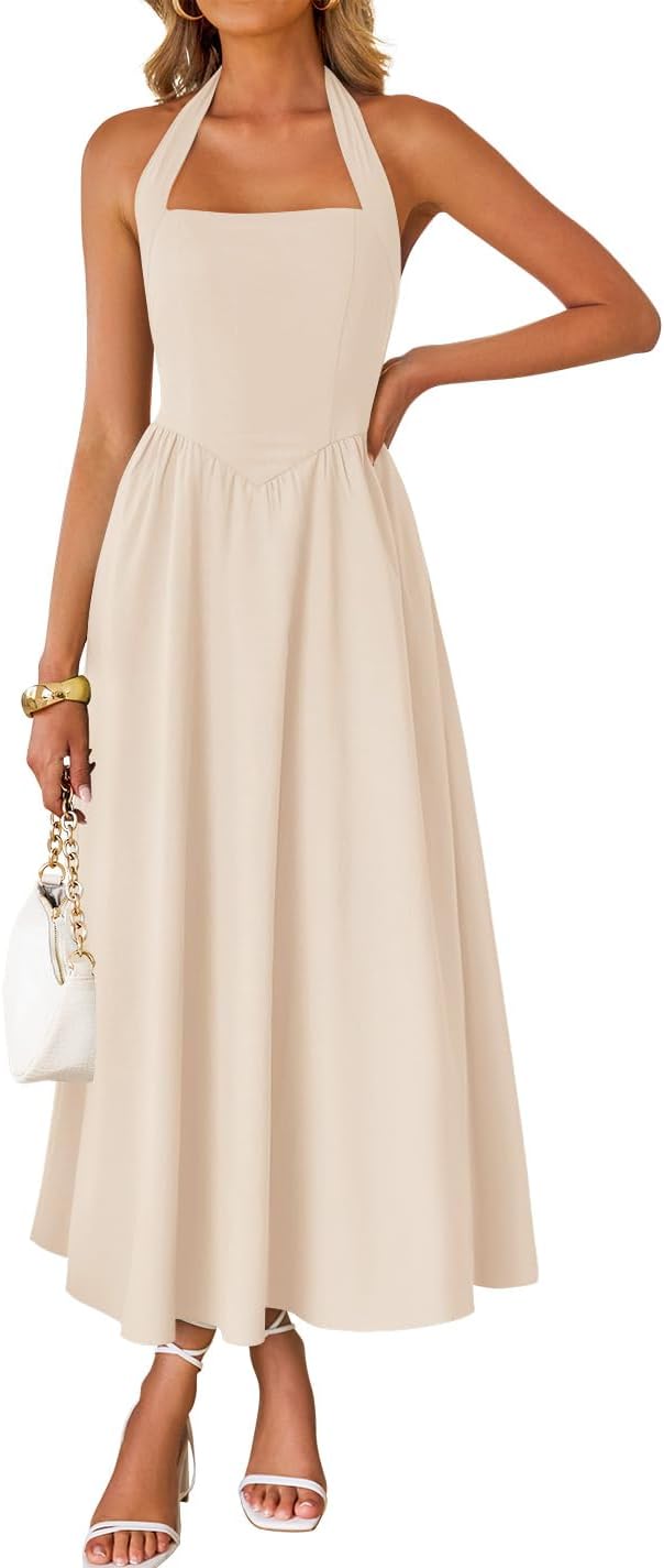 ZESICA Women’s Summer Sleeveless Halter Midi Dress 2026 Off Shoulder High Waist Flowy Formal Wedding Guest Long Dresses