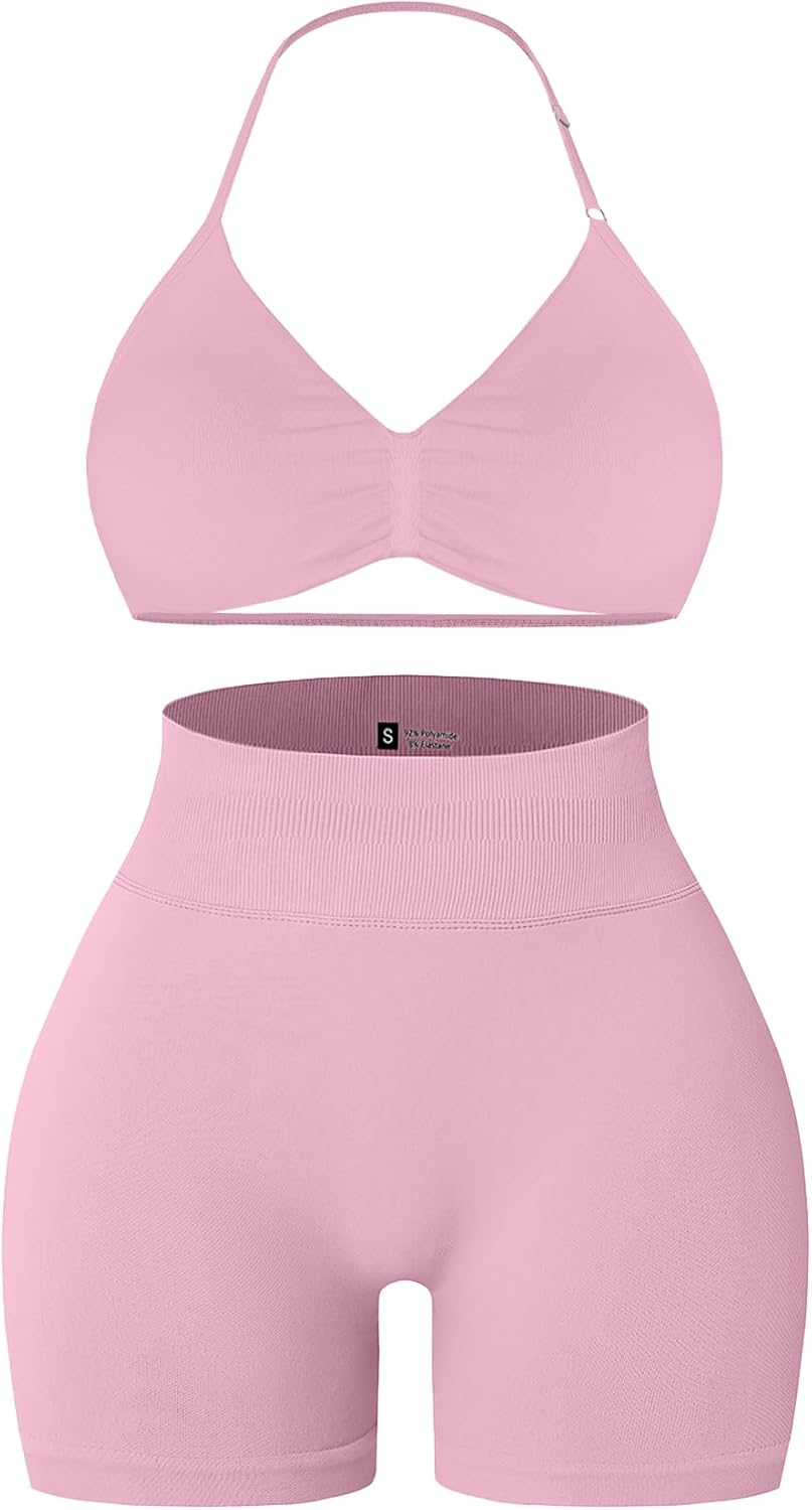 Comper 2 Piece Workout Sets for Women Halter Strappy Sports Bra with Seamless Ribbed Gym Yoga shorts Outfits
