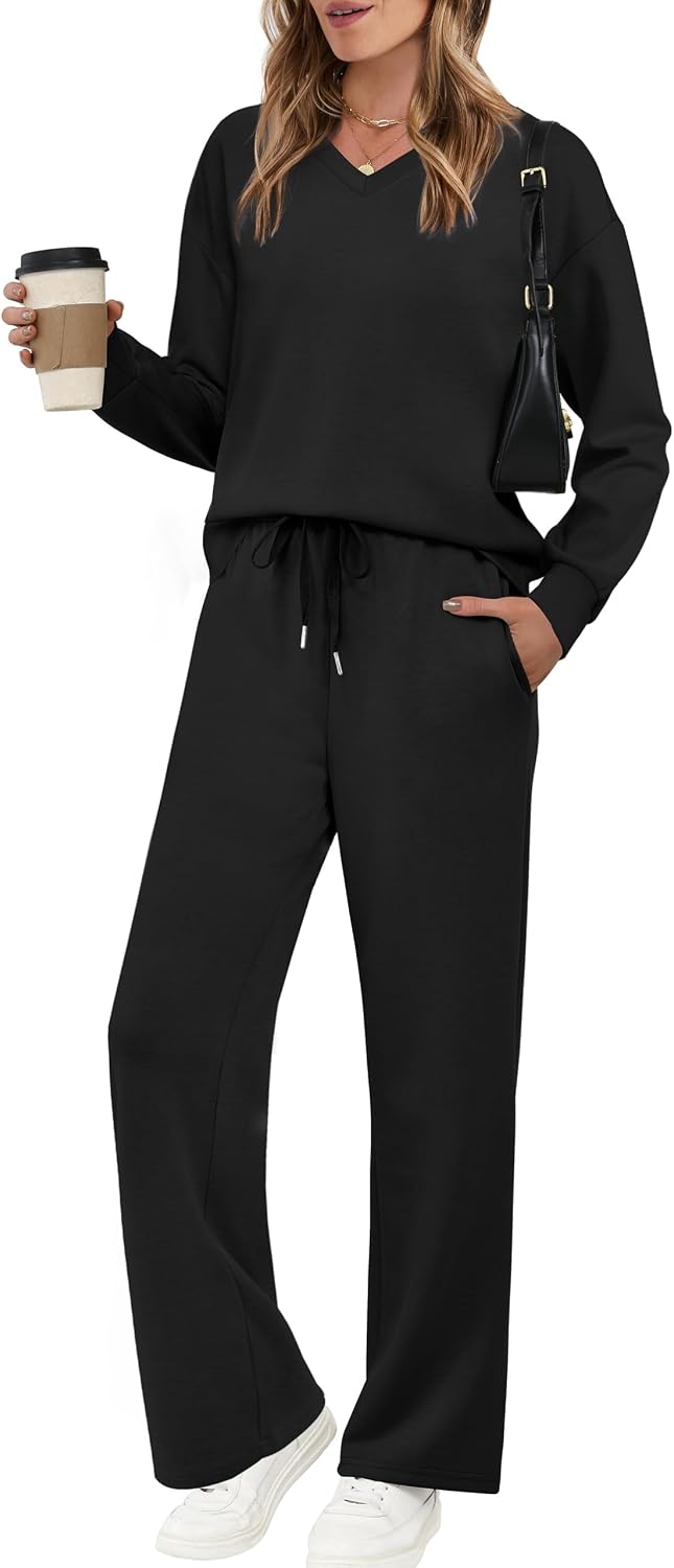 WIHOLL Lounge Sets for Women 2026 V Neck 2 Piece Outfits Airport Wide Leg Pants Matching Set Sweatsuits