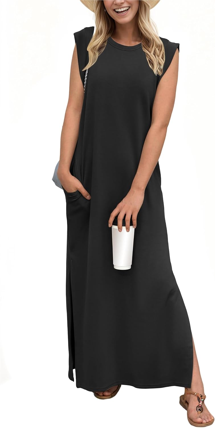 GRECERELLE 2026 Women Year-Round Casual Round Neck Loose Split Wrinkle-Free Long Maxi Vacation Dress with Pockets (XXS-4XL)