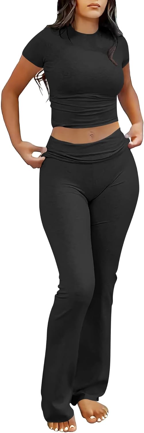 ANRABESS 2 Piece Lounge sets for Women | Soft Comfy Stretchy, Crop Top & Foldover Flare Leggings, Yoga Workout Matching Outfits, Trendy Y2k, Summer Wear Fall Layer