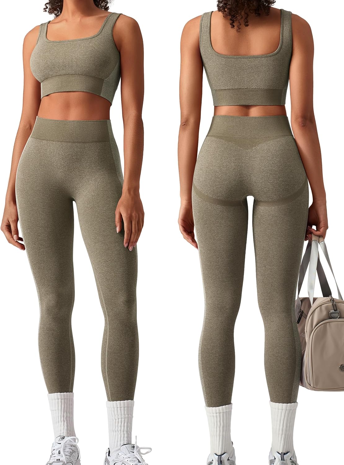 OLCHEE Womens Workout Sets 2 Piece Seamless Square Neck Sports Bra Padded Butt Lifting Leggings High Waist Yoga Gym Outfits