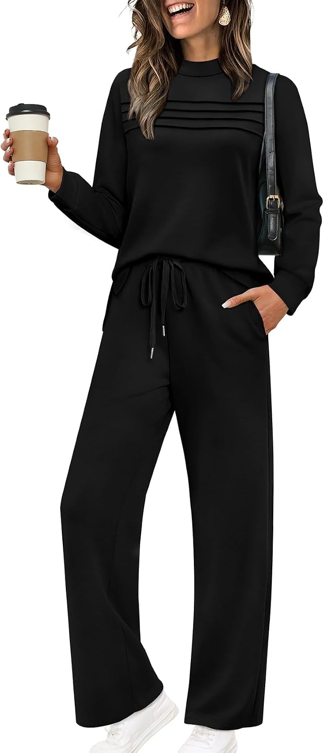 WIHOLL Two Piece Sets for Women Spring Travel Vacation Outfits 2026 Long Sleeve Lounge Sets Side Slit Wide Leg Pants S-3XL