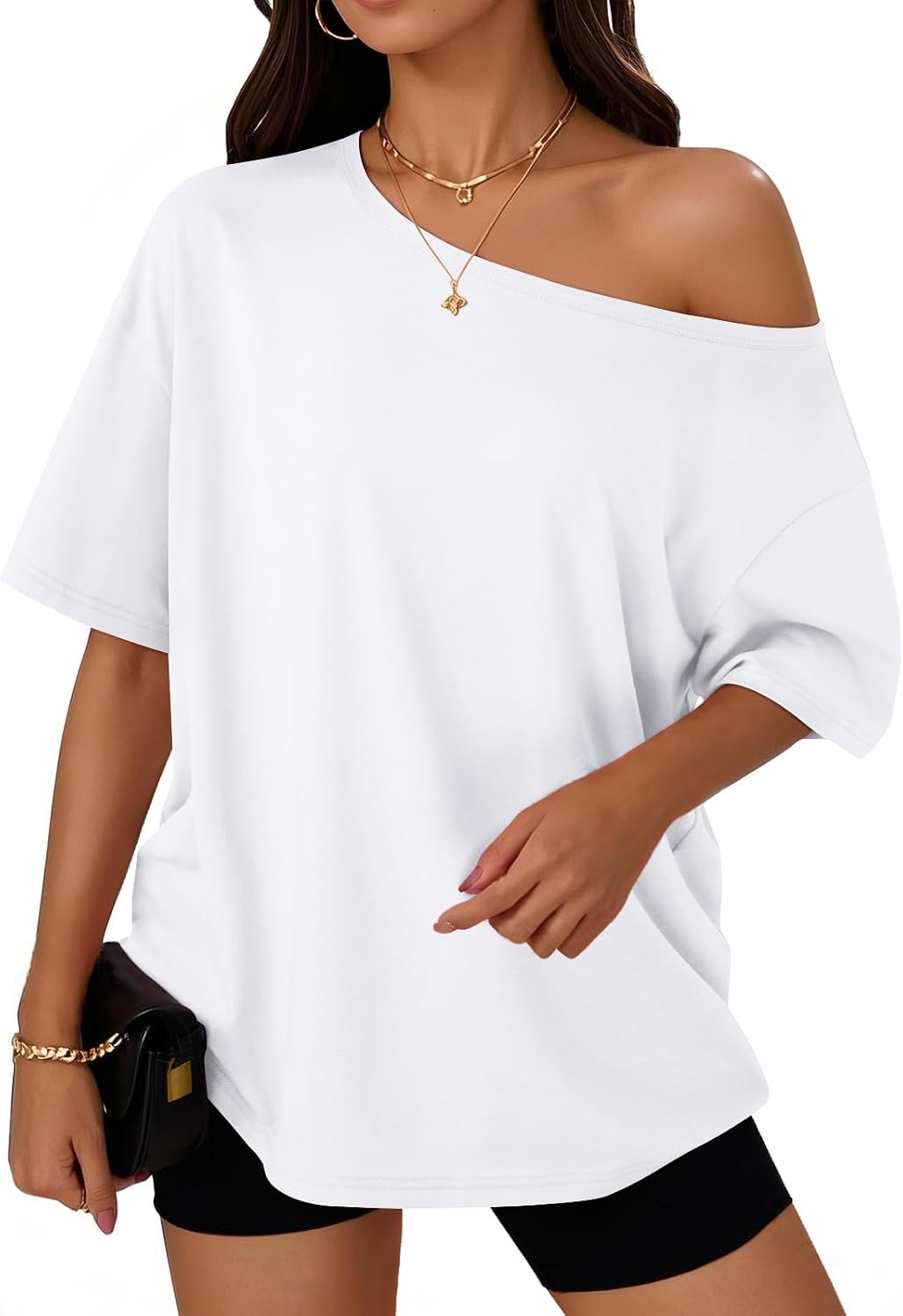 Trendy Queen Womens Off the Shoulder Tops Oversized Summer Spring T-Shirts 2026