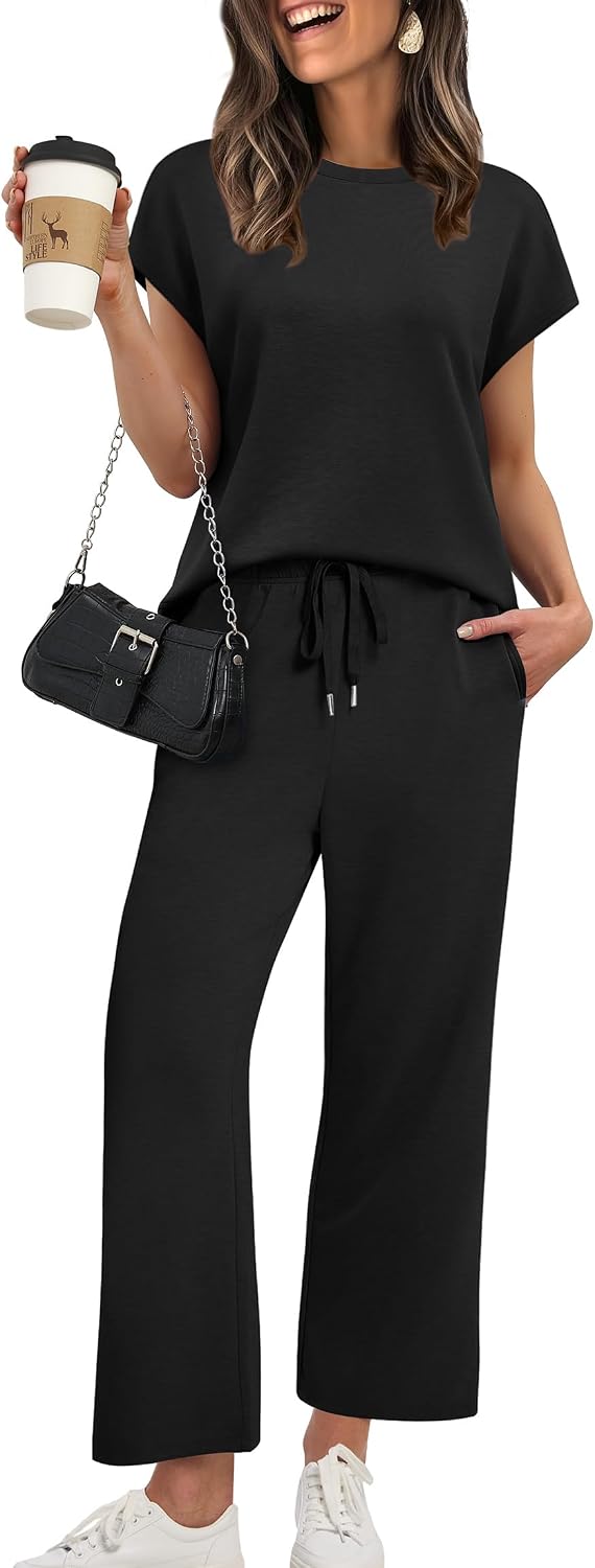 XIEERDUO Women’s Cap Sleeve Lounge Sets 2 Piece Travel Outfits Airport Tracksuits Wide Leg Loungewear S-3XL