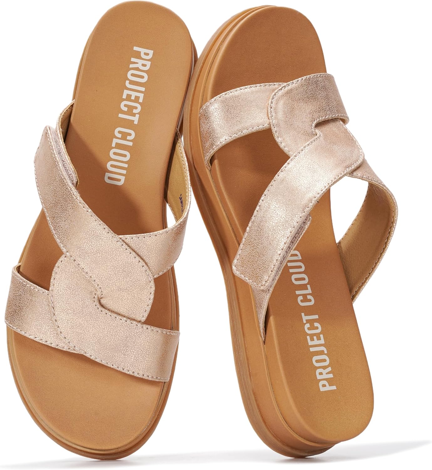 Project Cloud Low Wedge Sandals for Women 2026 – Easy Slip On Sandals with Plush Cushioned Insole – Lightweight & Non Slip Womens Slides for Women Footwear (Nina,RSGD,6)