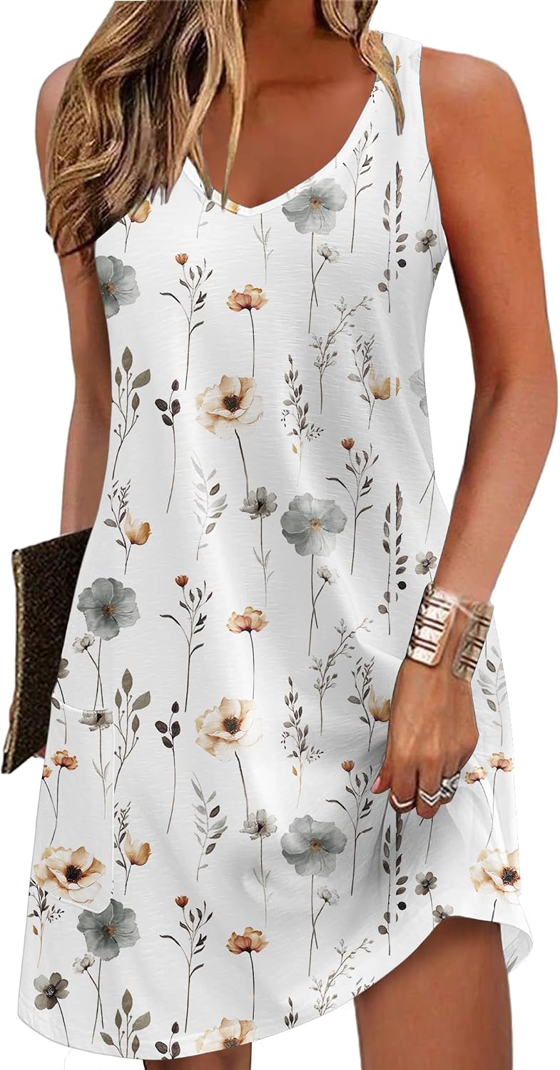 Zeagoo Womens Summer Dress 2026 Loose V Neck Sleeveless Sundresses Swimsuit Coverup with Pockets Floral Tank Dresses