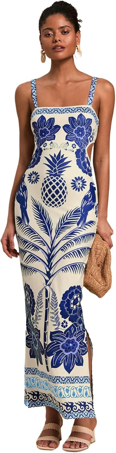 Floerns Women’s Tropical Bow Tie Back Long Dress Sleeveless Split Vacation Maxi Dress
