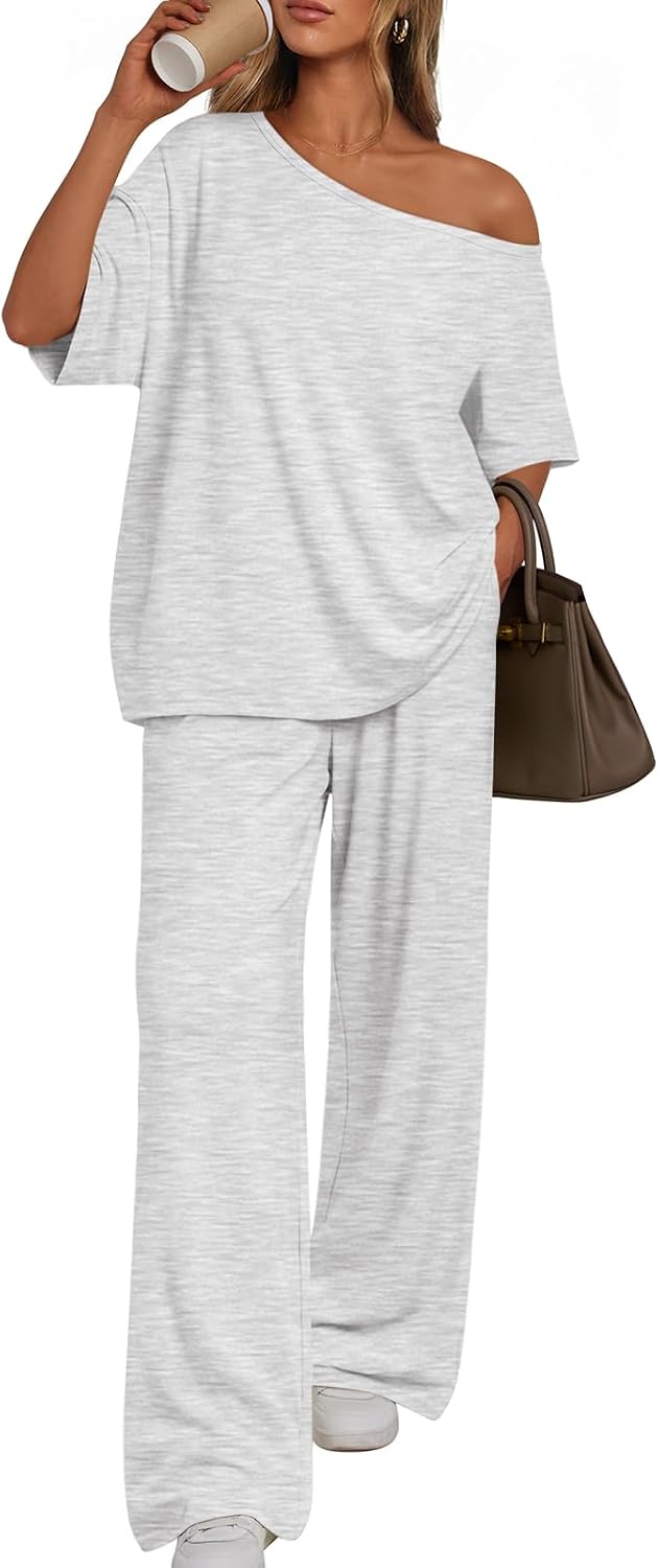 Trendy Queen Womens 2 Piece Lounge Sets Airport Travel Casual Outfits | Off Shoulder Oversized Tshirts & Wide Leg Pants Outfits
