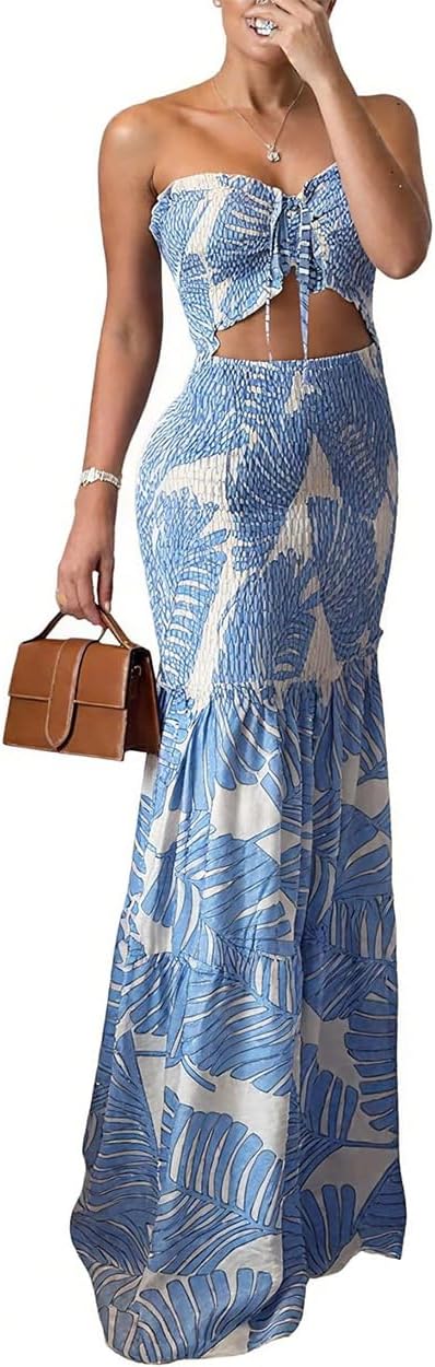 CHICME Floral Printed Vacation Dress Halter Tie Ruched Shirred Bandeau Party Dress Slim Ruffle Hem Wedding Guest Dress