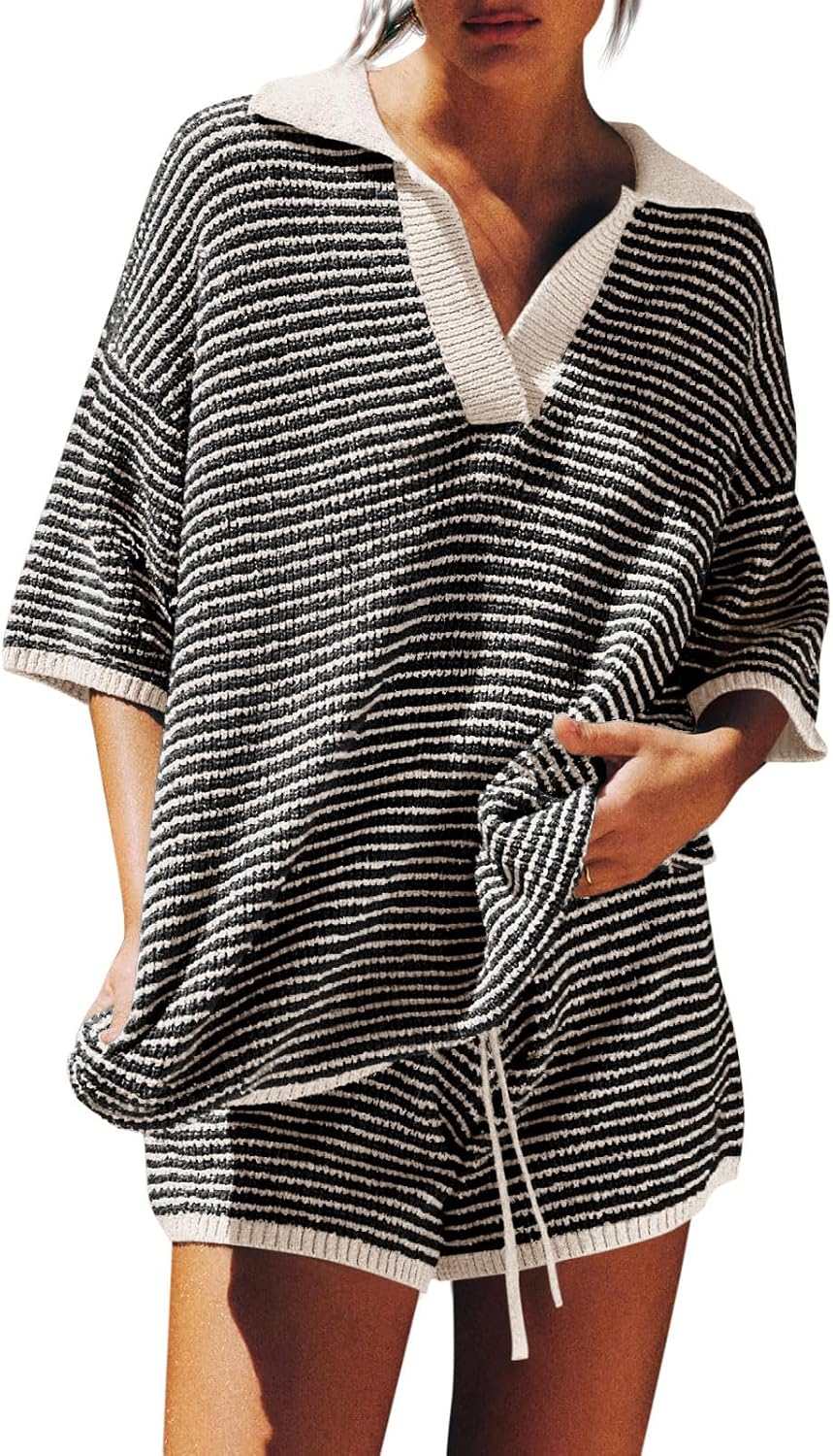 Tankaneo Womens Sweater Set 2 Piece Outfits Oversized 3/4 Sleeve V Neck Knit Tops High Waisted Shorts Lounge Sets