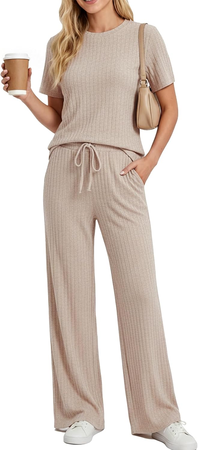 PATPAT Lounge Sets for Women 2 Piece Ribbed Knit Loungewear Short Sleeve Pajama Set Matching Pj Set Soft Outfits with Pockets