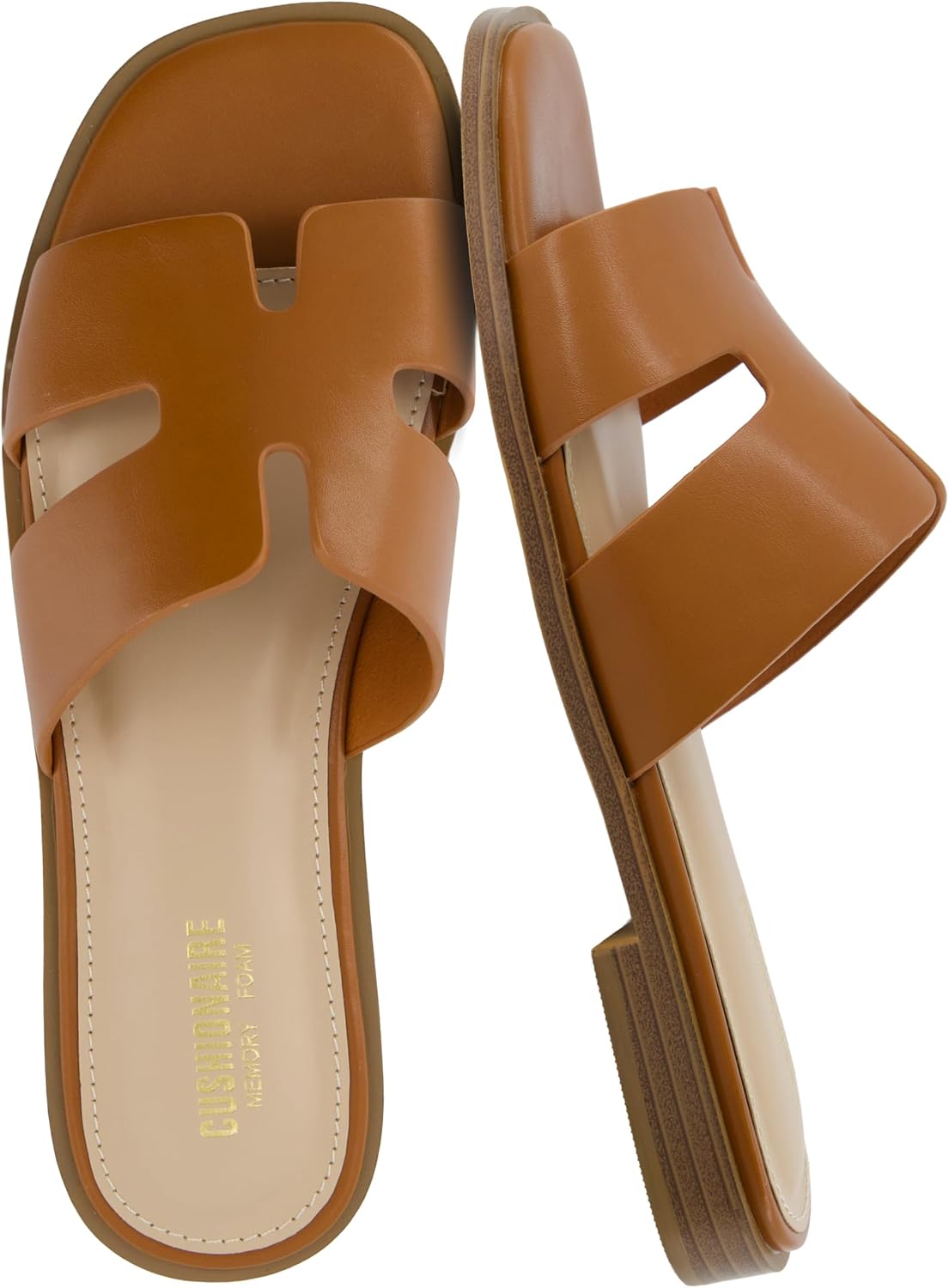 CUSHIONAIRE Voyage Cutout Strap Slides for Women, Slip On Summer Flats, Trendy Footwear, Memory Foam Vegan Leather Comfortable Vacation Style Sandals