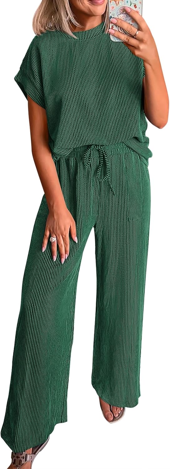KIRUNDO 2 Piece Sets for Women Dressy Casual Ribbed Knit Short Sleeve Tops Wide Leg Pants Lounge Set Travel Airport Outfits