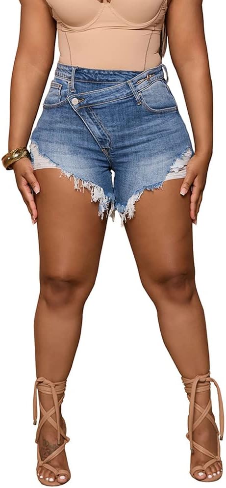 PINSV Women’s High Waisted Crossover Jean Shorts Ripped Hem Raw Denim Shorts