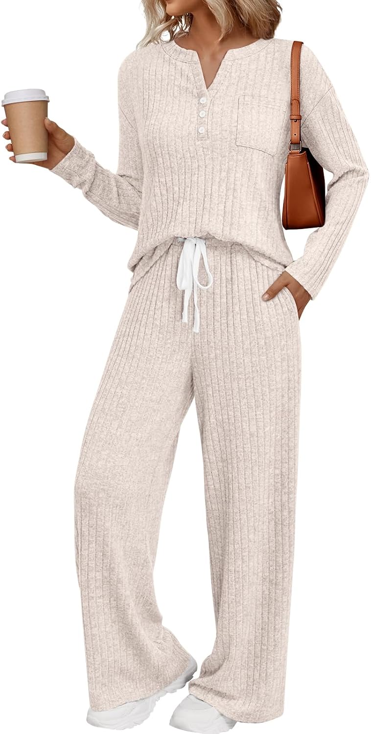 LILLUSORY Women’s 2 Piece Lounge Sets 2026 Henley Top & Drawstring Wide Leg Pants with Pockets
