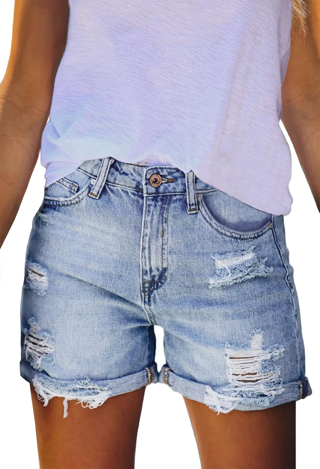 Pink Queen Women’s High Waisted Denim Shorts Casual Ripped Summer Hot Short Jeans Frayed Distressed Jeans Shorts with Pockets