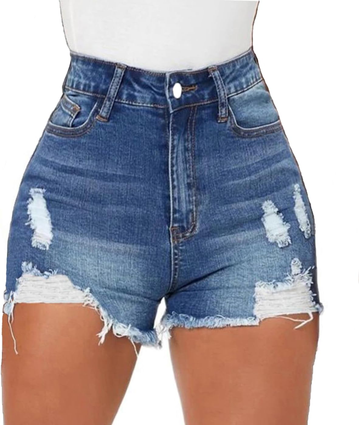 Women High Waisted Skinny Stretchy Denim Shorts Casual Summer Frayed Raw Hem Distressed Ripped Short Jeans