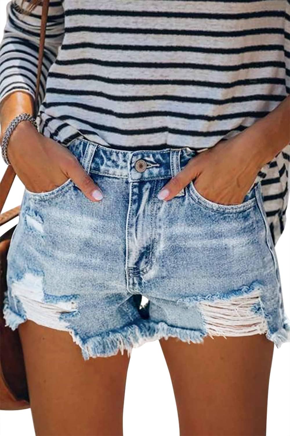 MINGALONDON Women’s Denim Shorts Summer Mid Waist Ripped Raw Cut Hem Distressed Stretchy Jean Shorts