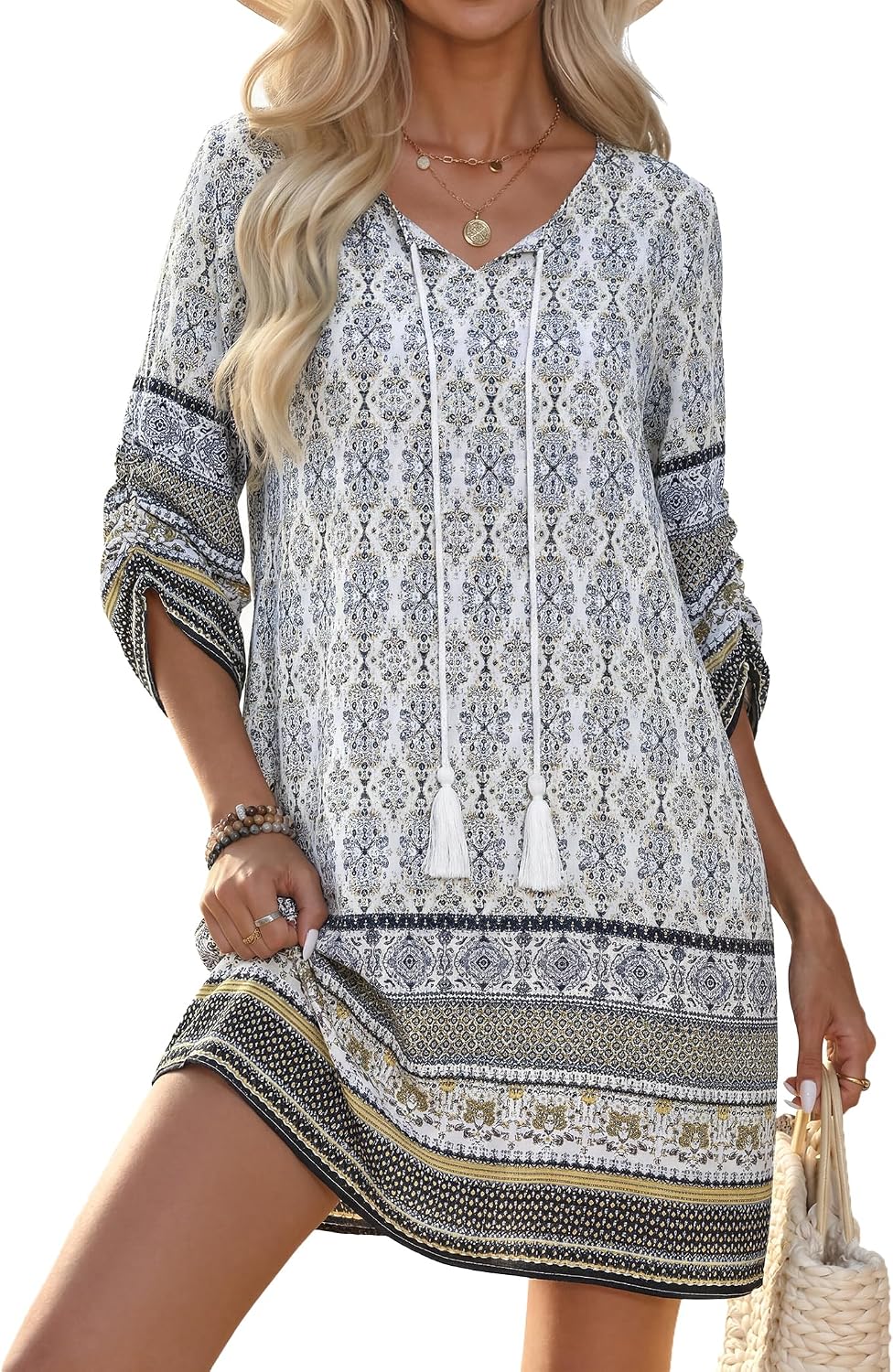 HOTOUCH Boho Dresses for Women Casual Beach Summer Dress V Neck 3/4 Long Sleeve Short Floral Print Swimsuit Cover Up Sundress