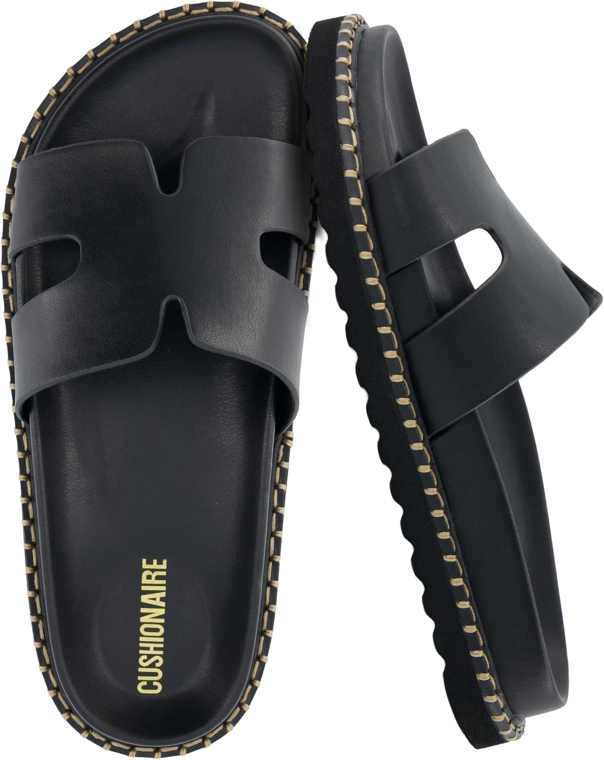 CUSHIONAIRE Crisp Women’s Slide Sandal – Faux Leather Cutout Slip-On with Artisan Stitching & Memory Foam, Wide Widths Available