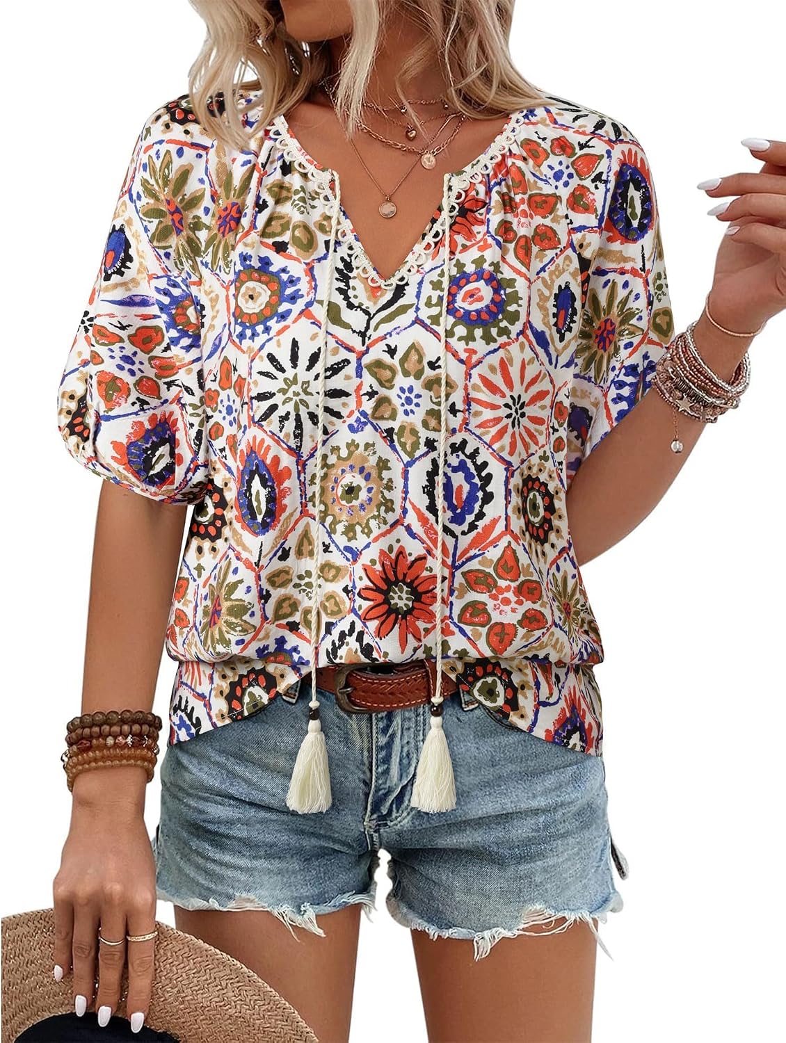 Vivilli Womens Summer Boho Tops Casual V Neck Short Sleeve Blouses Floral Printed Shirt Tie Front Flowy Vacation Clothes