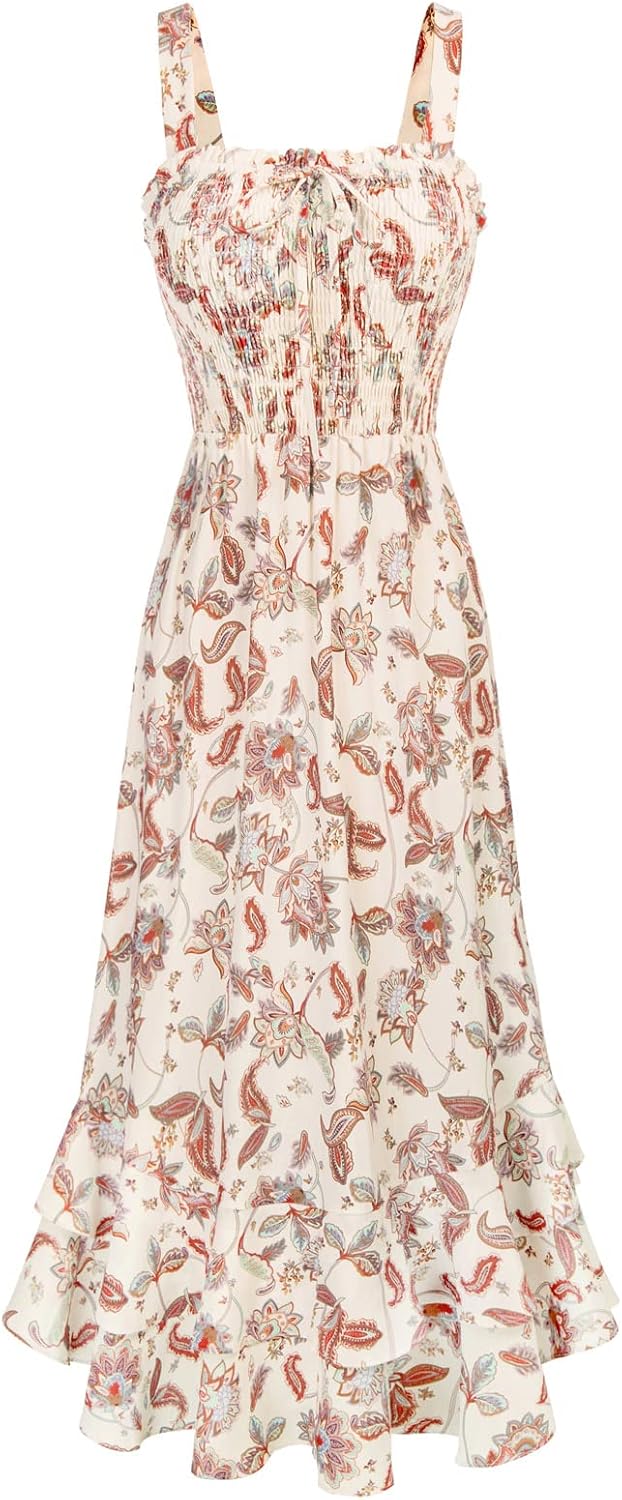 GRACE KARIN Women’s 2026 Summer Floral Boho Dress Square Neck Strapped Swing A Line Sundress Beach Long Maxi Outfits