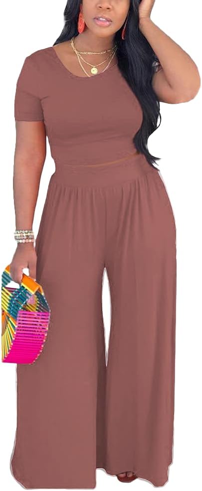 HBQ Two Piece Outfits For Women Casual Sweat Suits Backless Short Sleeve Crop Tops Wide Leg Pants Lounge Sets Tracksuit