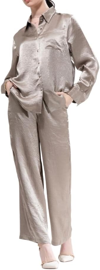 YUSHE 2-Piece Lounge Set for Women | Silky Shirt with Designer Buttons & Wide-Leg Pants with Pockets | Lounge Sets for Travel