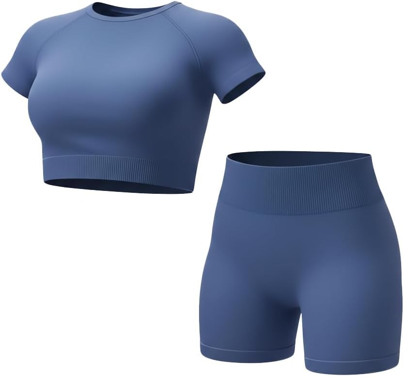 Inno Seamless Workout Sets for Women Short Sleeve Crop Top High Waist Biker Shorts 2-Piece Gym Yoga Outfit