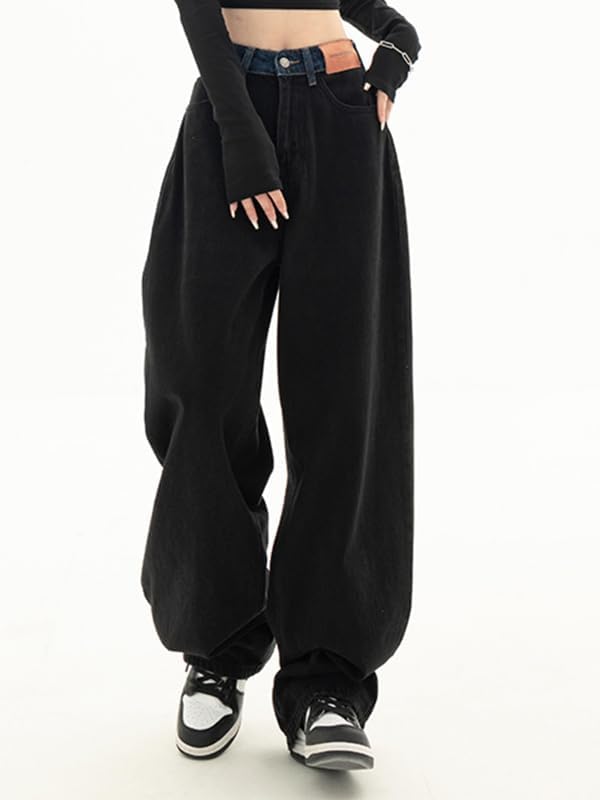 Women Baggy Jeans Patchwork Mid-Low Waist Wide Leg Jeans Boyfriends Pants 90s Loose Denim Pants