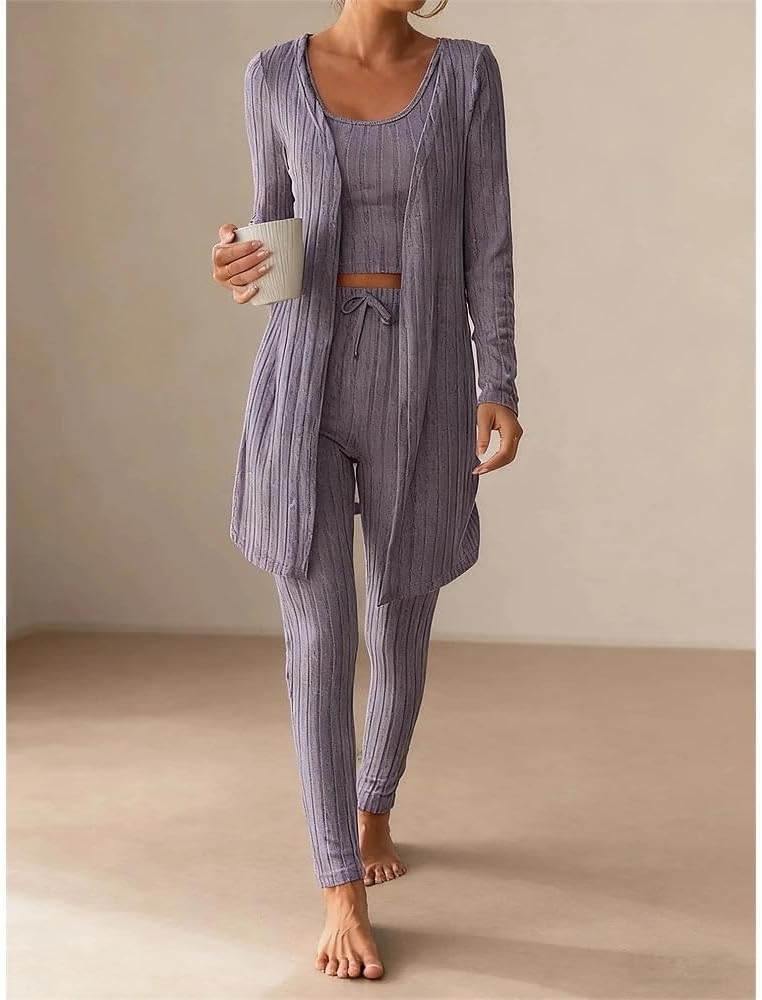 Women 3 Piece Lounge Set with Tank Top, Long Pants and Cardigan, Rib Texture Casual Outfit for Home and Outdoor Wear