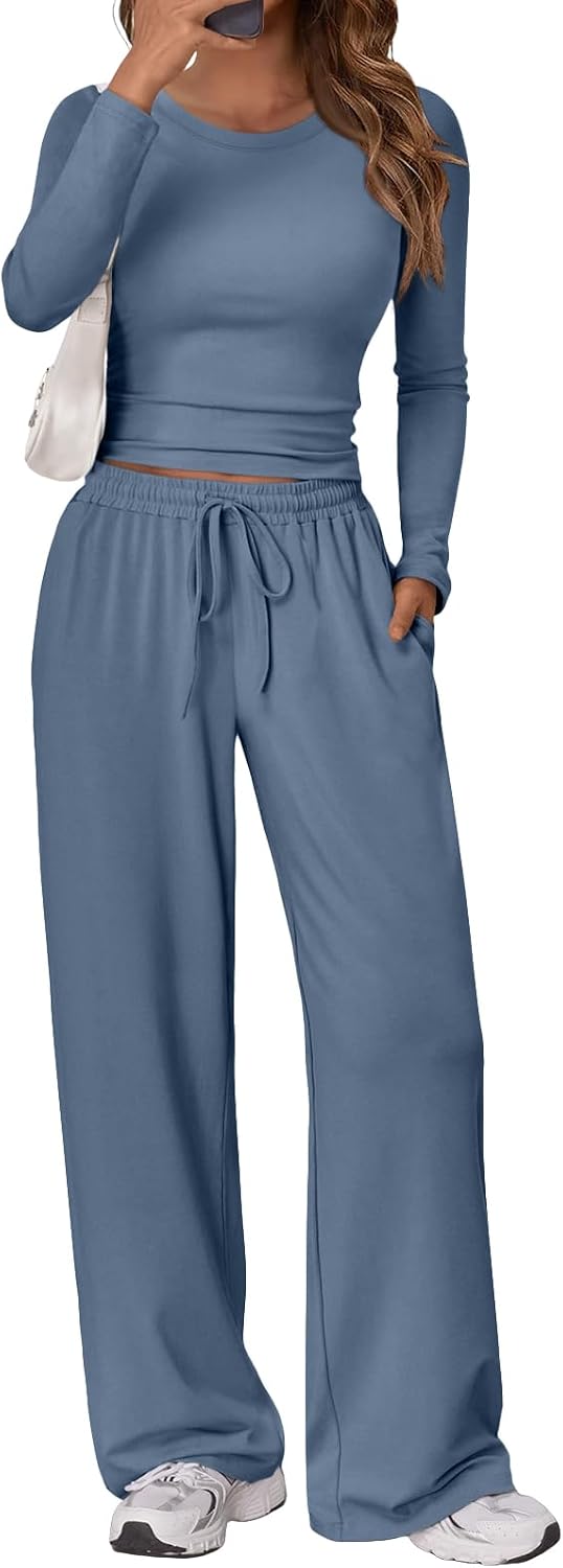 Trendy Queen Women’s 2 Piece Matching Lounge Set Long Sleeve Side Ruching Top Wide Leg Drawstring Pants Set with Pockets