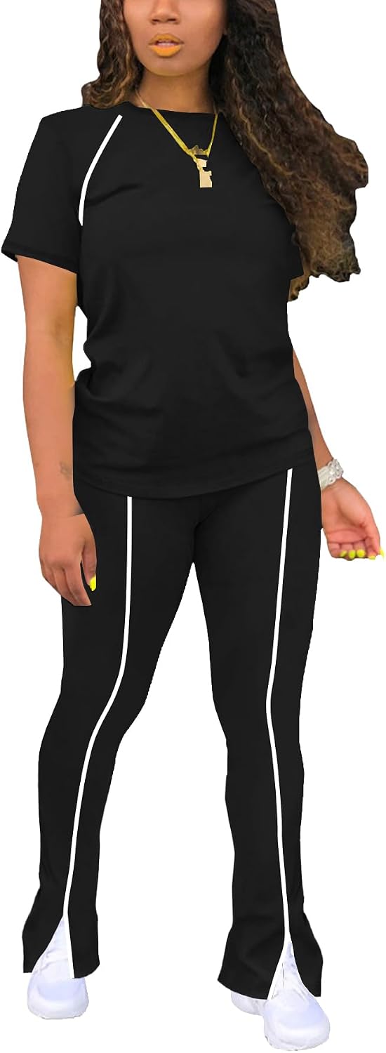 STOLKISS Women 2 Piece Outfits Summer Workout Sweatsuit Striped Short Sleeve Long Flare Pants Casual Travel Tracksuit