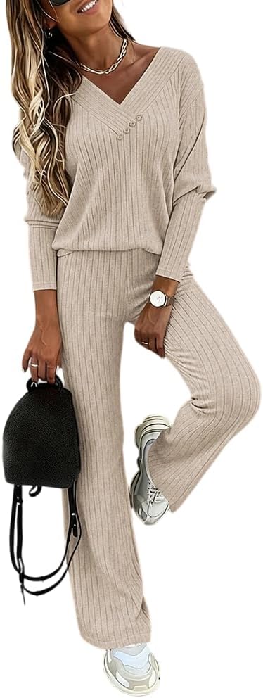 CHICME Womens Lounge Sets 2 Piece Ribbed Knit V Neck Long Sleeve Top Elastic Waist Wide Leg Pants Matching Sweatsuits
