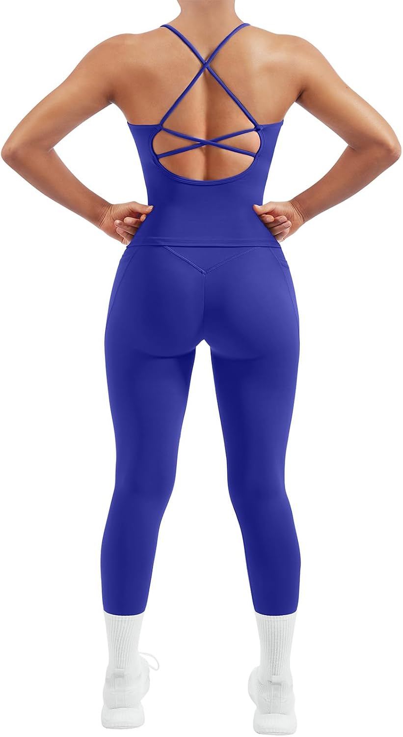 SUUKSESS Women 2 Piece Workout Sets Padded Tank Tops Tummy Control Leggings Gym Outfits